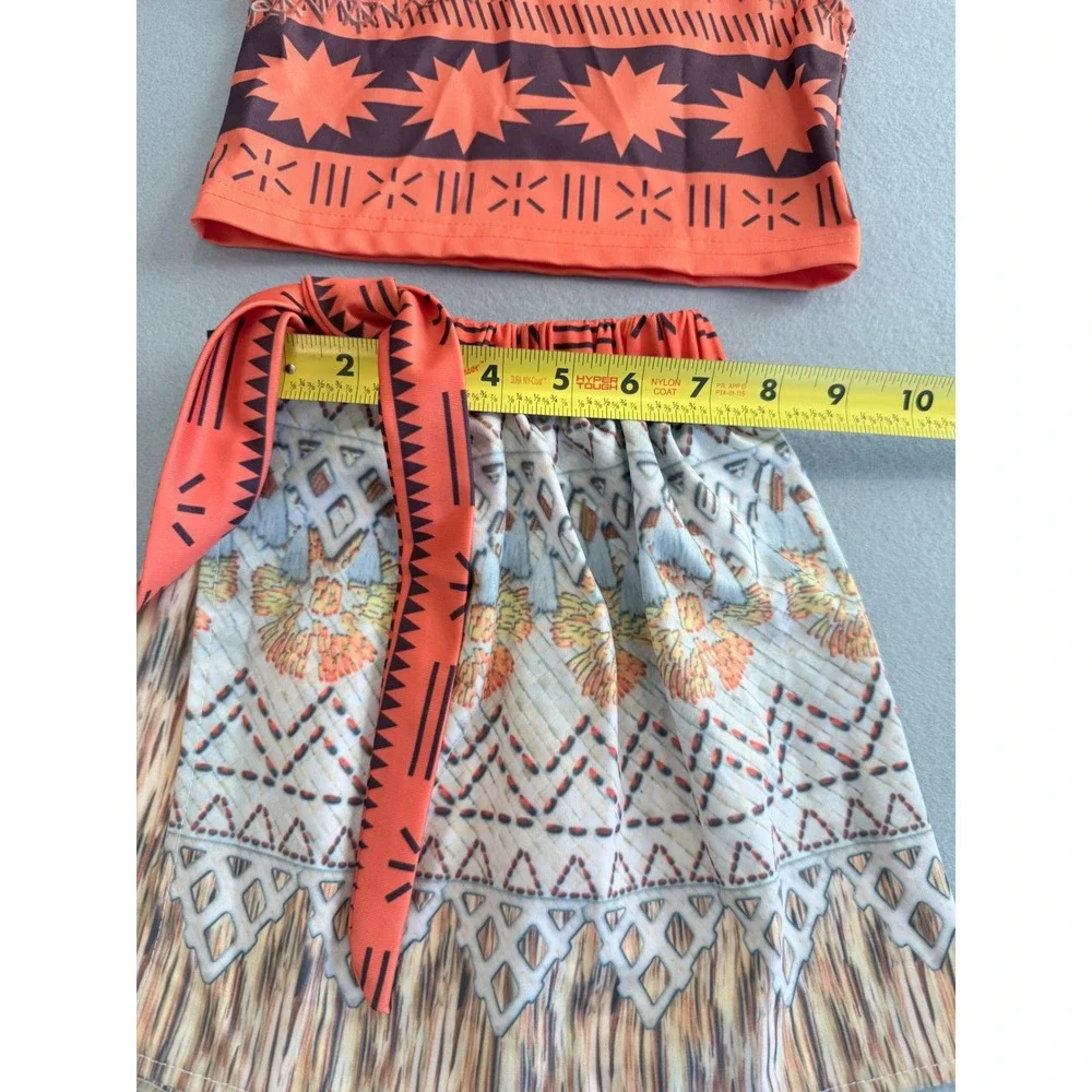 Disney Moana Inspired 2 Piece Costume Set Orange Tribal Print Skirt Top